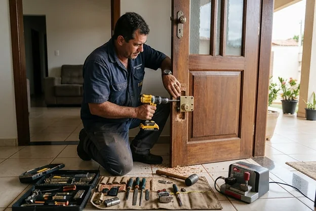 Chaveiro em Jataí instalando um sistema de segurança em uma porta.